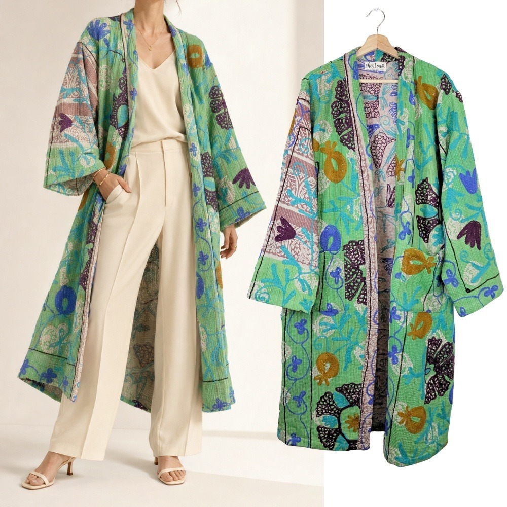 She's 1 Oak Green Kantha Embroidered Floral Quilted Duster Jacket One Size